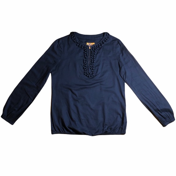 TORY BURCH Navy Embellished Split Crew Neck Top Sz 6 - Picture 1 of 6